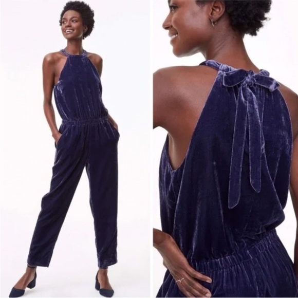 LOFT Pants - NEW! LOFT Navy Blue Crushed Velvet Velour Halter Jumpsuit Romper Size Small